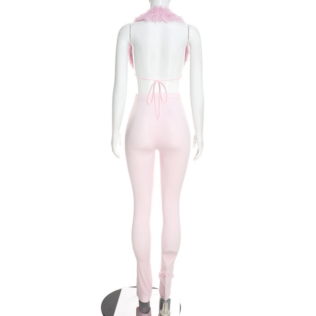 Backless Fur Top Slim-fitting Leggings Set
