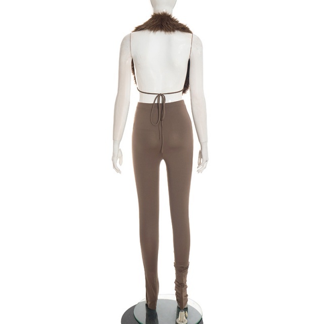 Backless Fur Top Slim-fitting Leggings Set