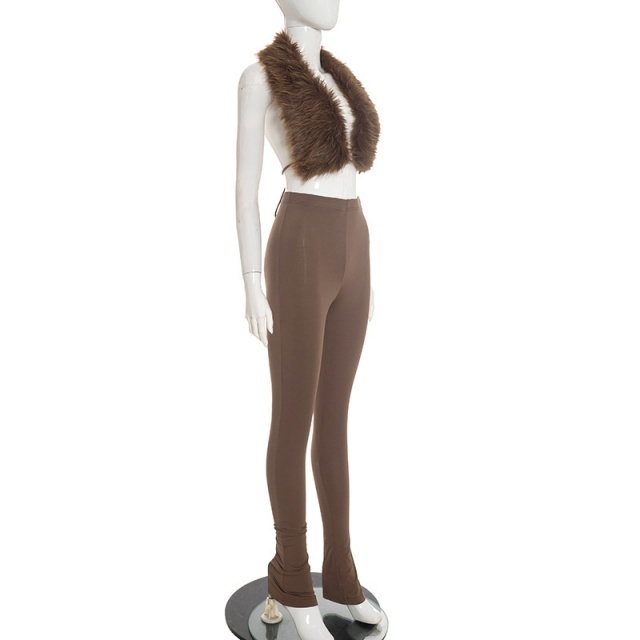 Backless Fur Top Slim-fitting Leggings Set