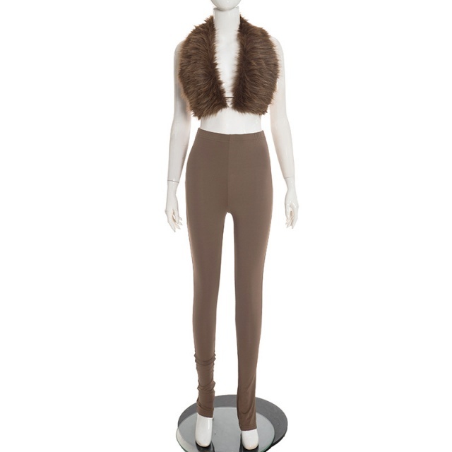 Backless Fur Top Slim-fitting Leggings Set
