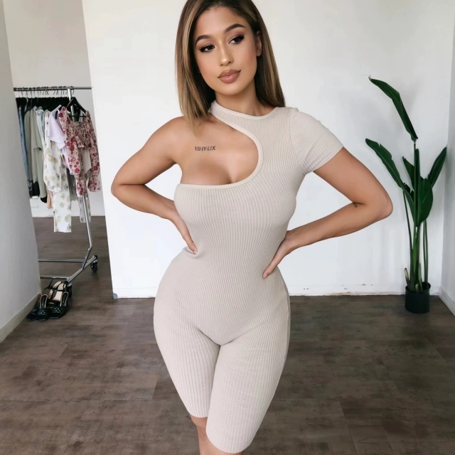 Cut Out Single Shoulder Fitted Ribbed Romper