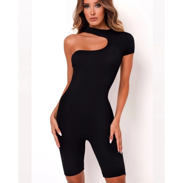 Cut Out Single Shoulder Fitted Ribbed Romper