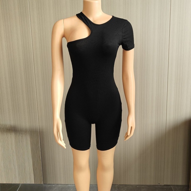 Cut Out Single Shoulder Fitted Ribbed Romper