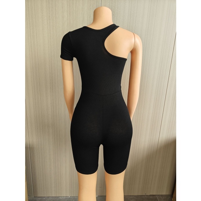 Cut Out Single Shoulder Fitted Ribbed Romper