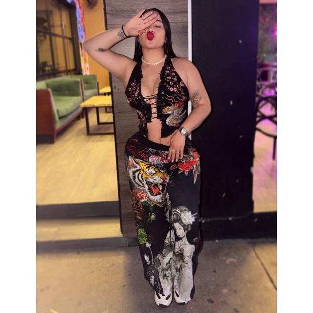 Printed Lace-Up Top Bell Pants Set