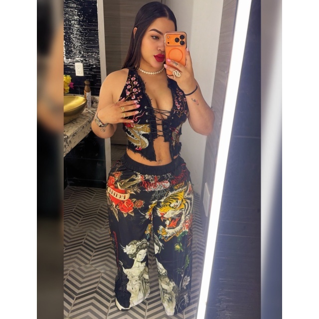 Printed Lace-Up Top Bell Pants Set