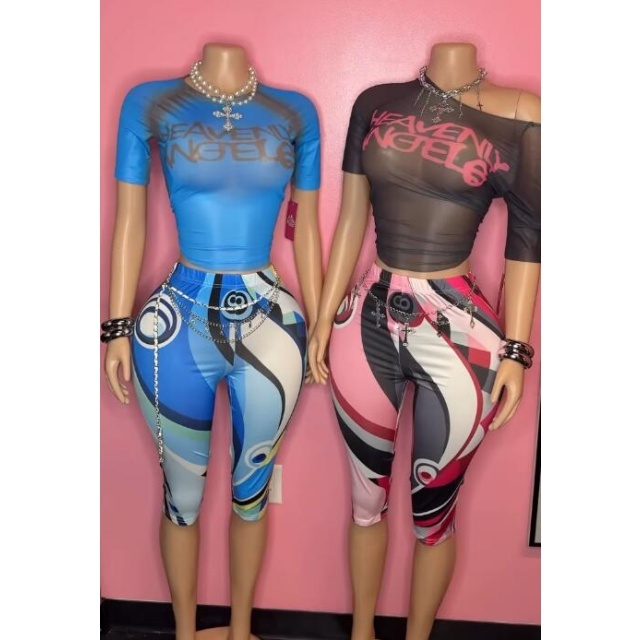 Sheer Mesh Top Printed Slim Fit Knee Pant Set