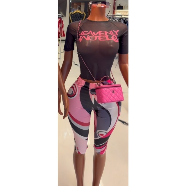 Sheer Mesh Top Printed Slim Fit Knee Pant Set