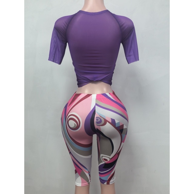 Sheer Mesh Top Printed Slim Fit Knee Pant Set