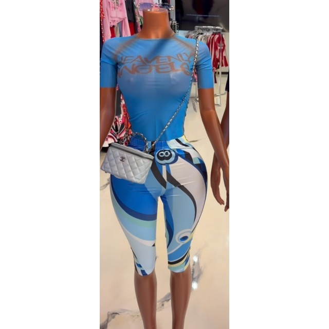 Sheer Mesh Top Printed Slim Fit Knee Pant Set