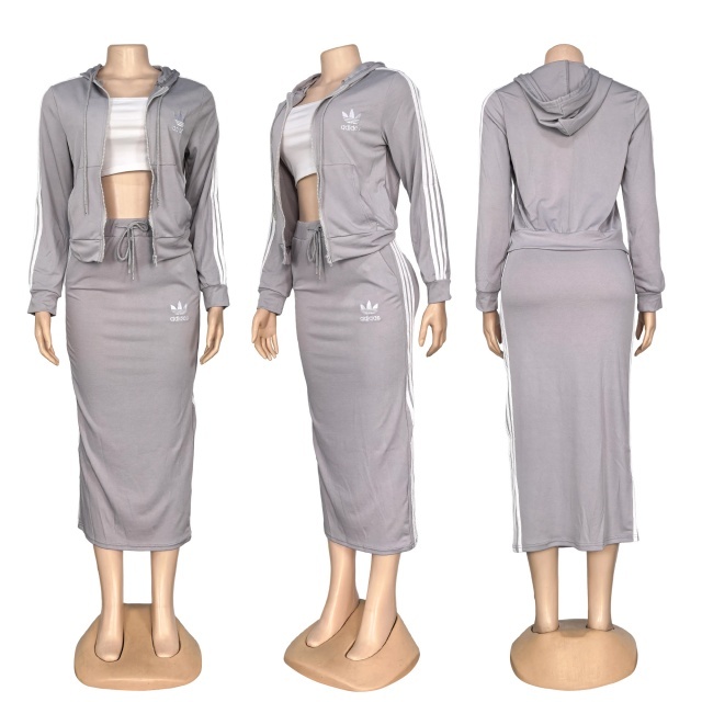 Striped Hooded Jacket Top Midi Skirt Set