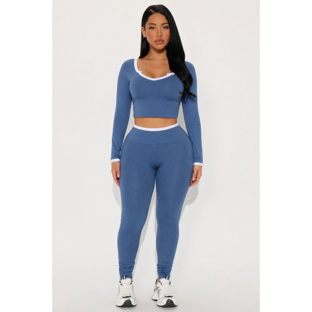 Colorblock Long Sleeve Crop Top Activewear Pant Set