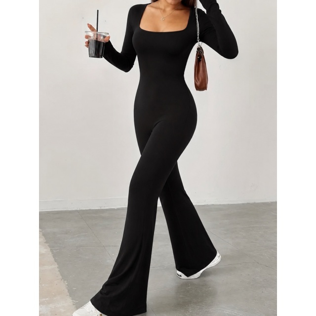 Long Sleeve U Neck Backless Fitted Jumpsuit
