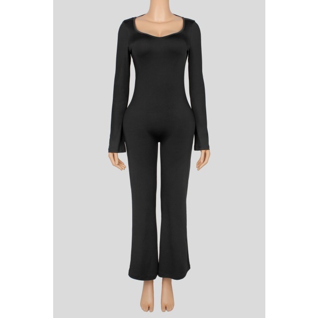 Long Sleeve U Neck Backless Fitted Jumpsuit