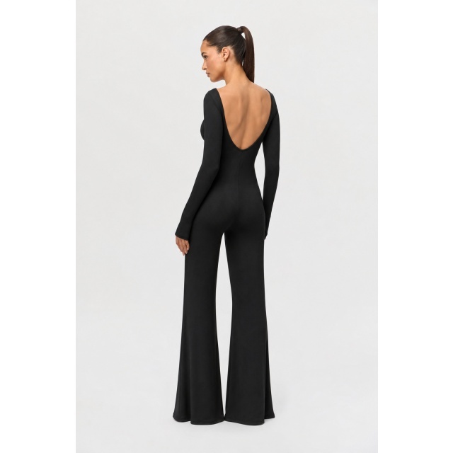 Long Sleeve U Neck Backless Fitted Jumpsuit