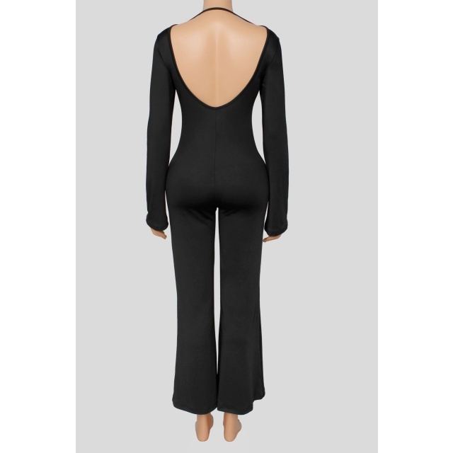 Long Sleeve U Neck Backless Fitted Jumpsuit