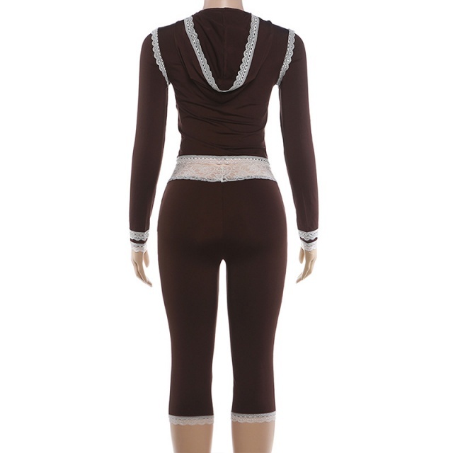 White Lace Patchwork Hooded Top Knee Pant Set
