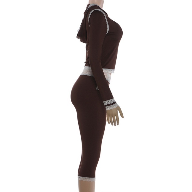 White Lace Patchwork Hooded Top Knee Pant Set