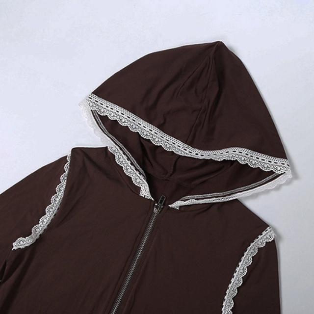 White Lace Patchwork Hooded Top Knee Pant Set