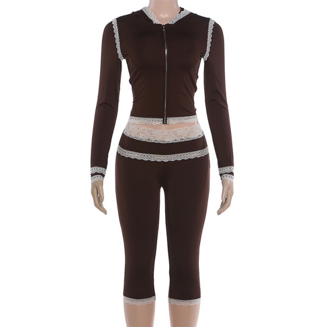 White Lace Patchwork Hooded Top Knee Pant Set