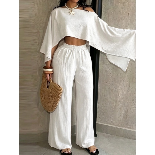 Cold Shoulder Crop Top Wide Legs Pant Set
