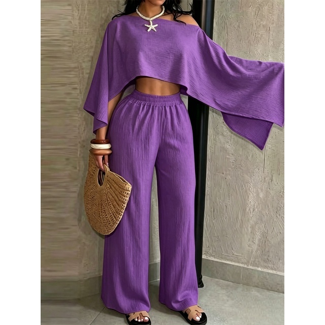 Cold Shoulder Crop Top Wide Legs Pant Set