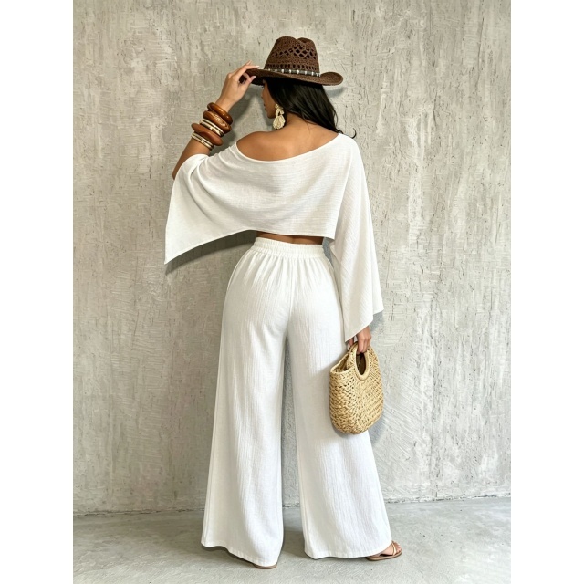 Cold Shoulder Crop Top Wide Legs Pant Set