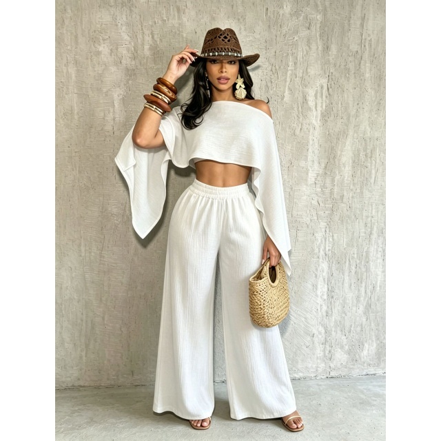 Cold Shoulder Crop Top Wide Legs Pant Set