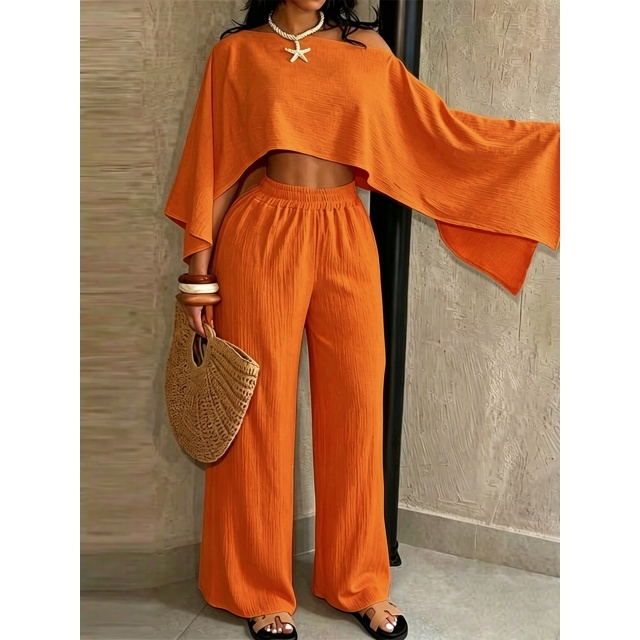 Cold Shoulder Crop Top Wide Legs Pant Set