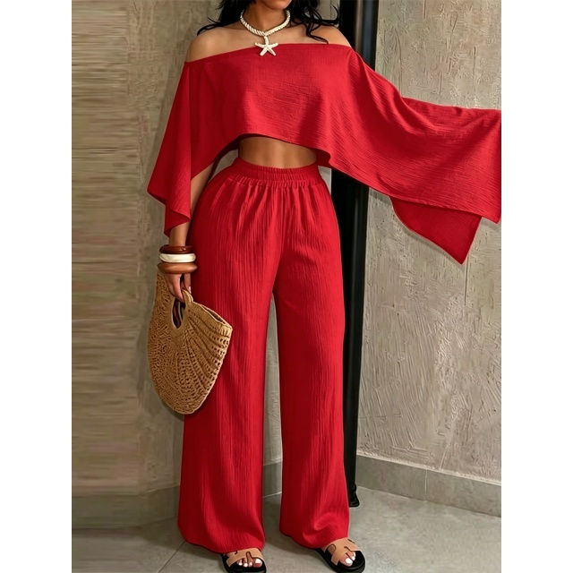 Cold Shoulder Crop Top Wide Legs Pant Set