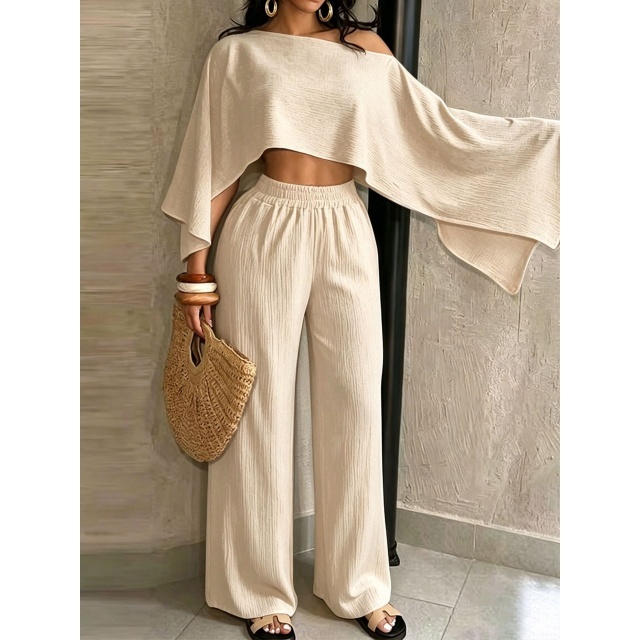 Cold Shoulder Crop Top Wide Legs Pant Set