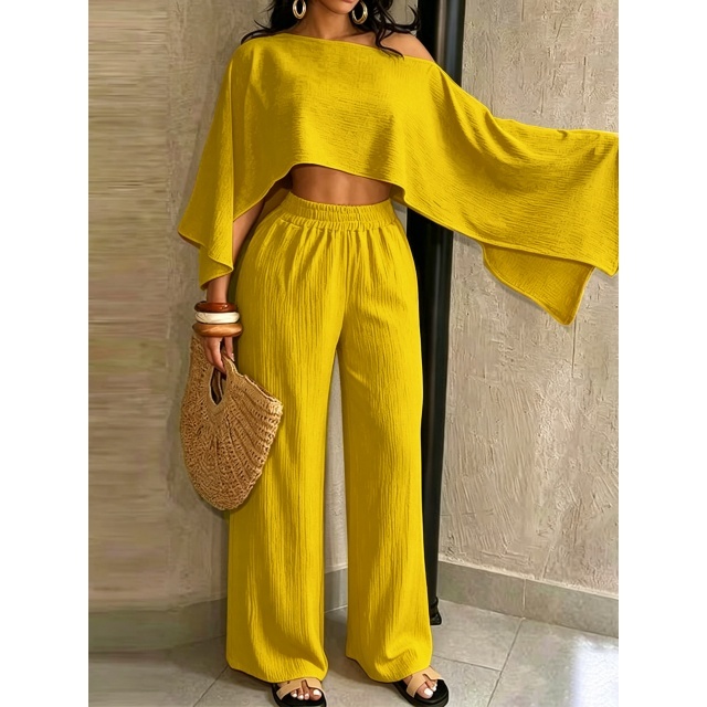 Cold Shoulder Crop Top Wide Legs Pant Set