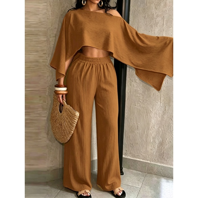 Cold Shoulder Crop Top Wide Legs Pant Set