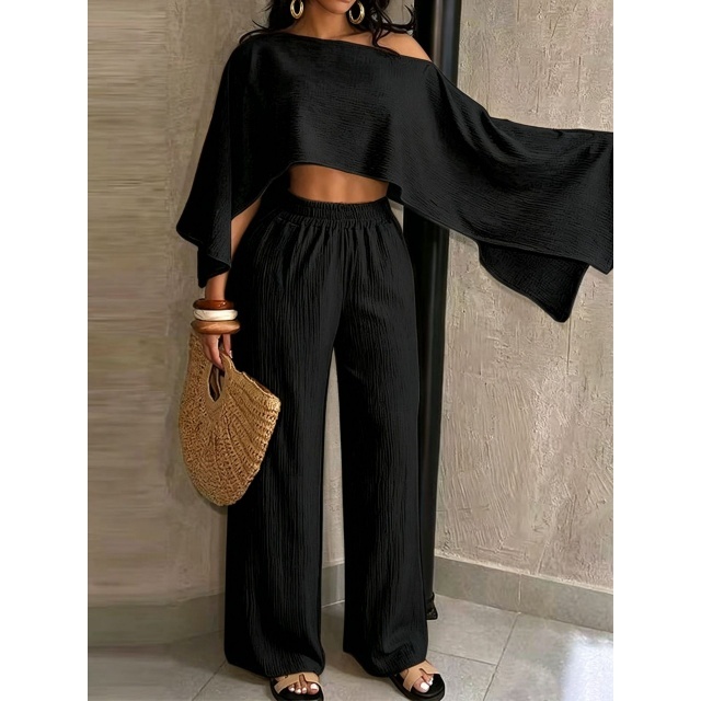 Cold Shoulder Crop Top Wide Legs Pant Set