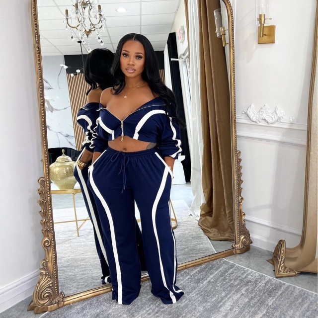 Colorblock Zip-up Top Casual Pant Set