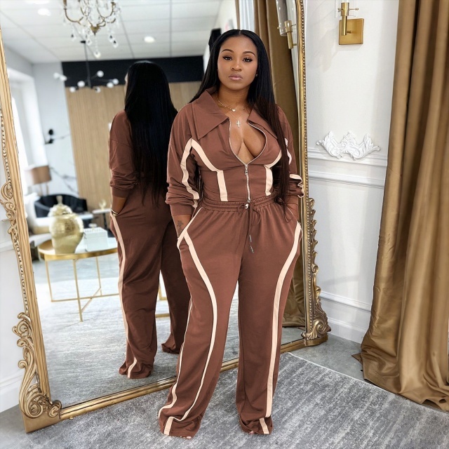 Colorblock Zip-up Top Casual Pant Set
