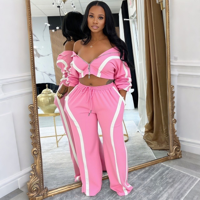 Colorblock Zip-up Top Casual Pant Set