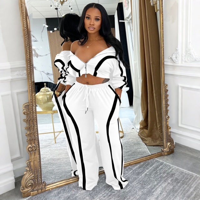 Colorblock Zip-up Top Casual Pant Set