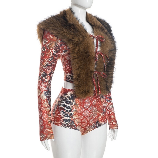 Fur-trimmed Collar Tied-up Top Tight Shorts Set