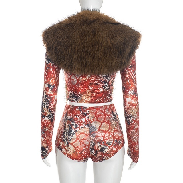 Fur-trimmed Collar Tied-up Top Tight Shorts Set