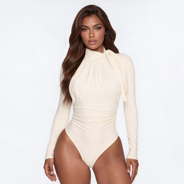 Mock-neck Long-sleeve Ruching Bodysuit