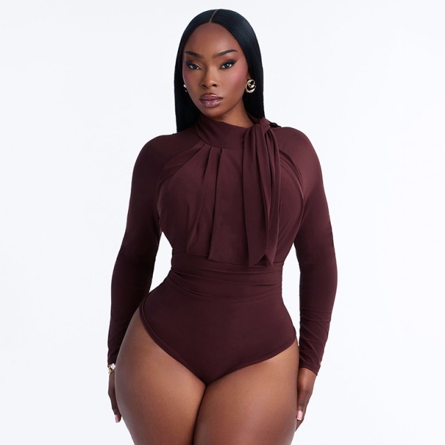 Mock-neck Long-sleeve Ruching Bodysuit
