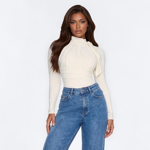 Mock-neck Long-sleeve Ruching Bodysuit