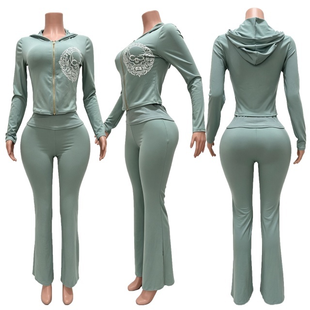 Chic Printed Hooded Top Flare Pant Set