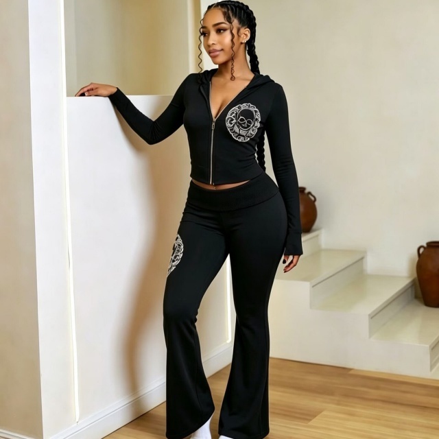 Chic Printed Hooded Top Flare Pant Set
