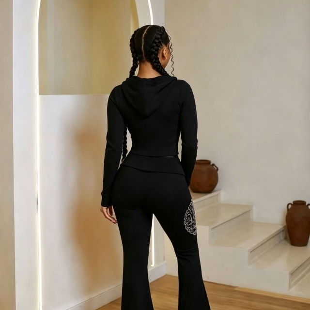 Chic Printed Hooded Top Flare Pant Set