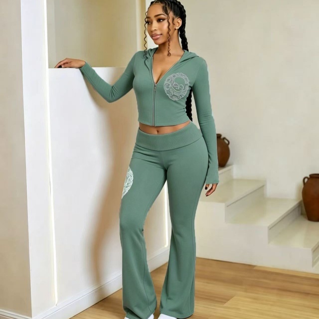 Chic Printed Hooded Top Flare Pant Set