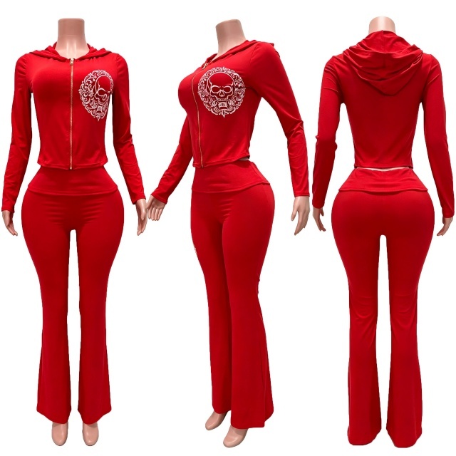 Chic Printed Hooded Top Flare Pant Set