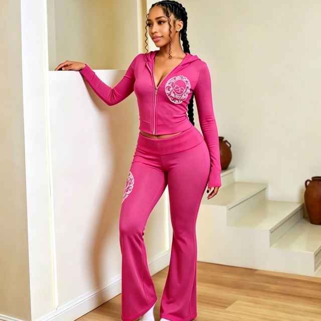 Chic Printed Hooded Top Flare Pant Set