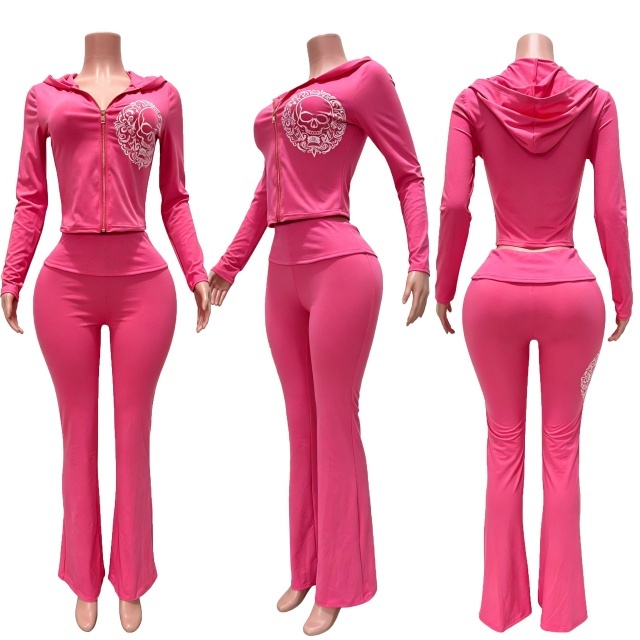 Chic Printed Hooded Top Flare Pant Set